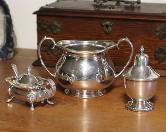 Antique English Silver Plated Tableware - Mustard Pot Sugar Bowl and Pepper Shaker