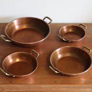 c1960's Set of x4 English Copper Pans with Cast Brass Handles - Solid Copper - Made in England