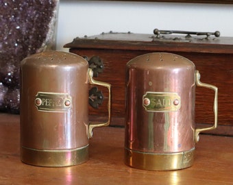 c1960's Pair of Large Copper Salt and Pepper Shakers with Brass Handles and Plaques - Made in England