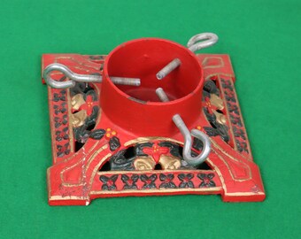 Vintage Cast Iron Christmas Tree Stand - Holly & Bells Design in Red and Gold