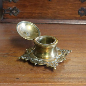 Antique Brass Inkwell with Hinged Lid - English Solid Brass Inkwell
