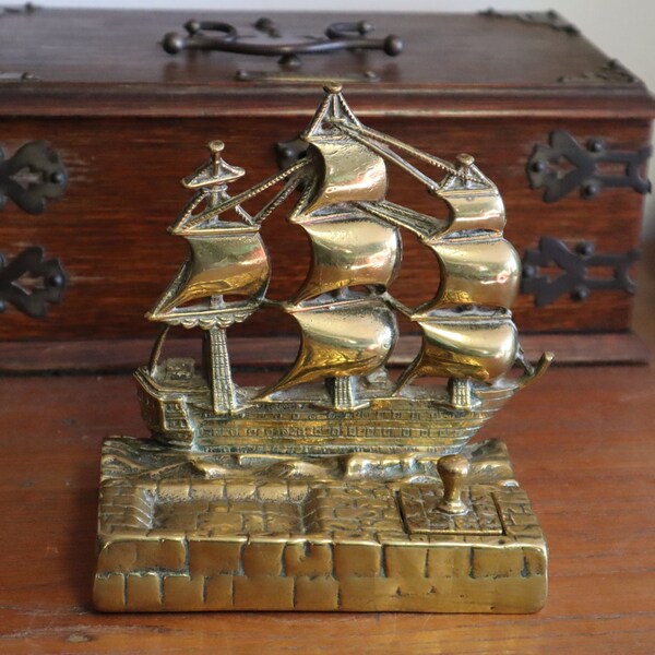 Antique Brass Ship Inkwell - Revenge Ship Inkwell Stand