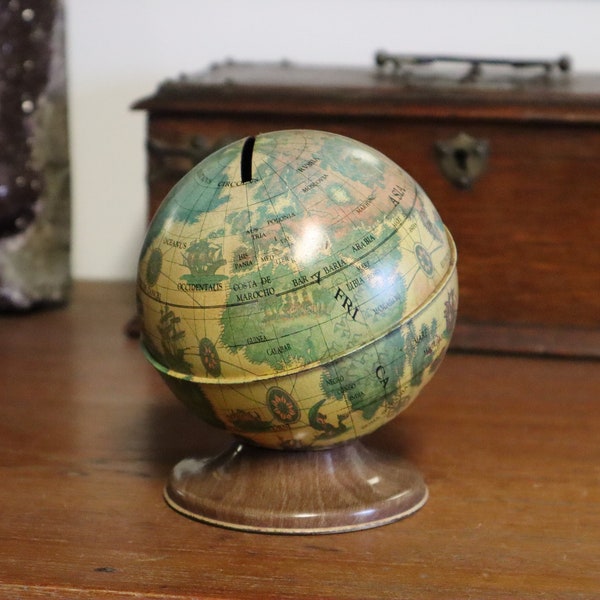 Vintage Tinplate Globe Money Bank by Ohio Art - Globe Money Box