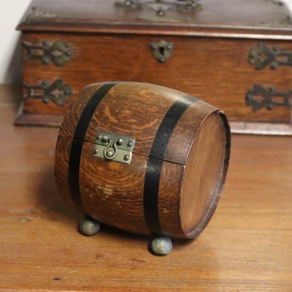 c1900 Wooden Barrel Storage Box - Wood Beer Barrel with Hinged Lid and Brass Feet - Made in England
