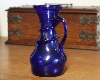 Vintage Hand Blown Blue Glass Jug / Vase - Hand Blown with Air Bubbles and Pontil Mark