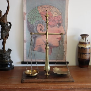 c1900 Large 21" Brass Balance Scales on Wooden Base by Fereday & Sons of London