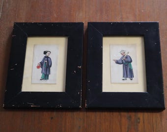 c1900 Pair of Chinese Watercolour Paintings on Rice Paper - Hand Painted Portraits in Traditional Dress