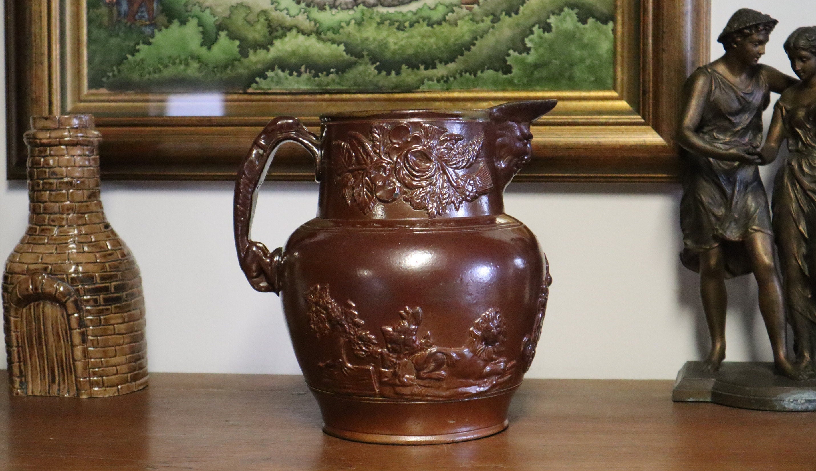 Large Victorian Stoneware Harvest Jug - Hand Thrown Pottery Jug with Greyhound Handle and Applied Detail