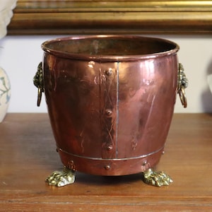 c1890 English Arts & Crafts Copper Planter with Claw Feet and Lion Head Handles - Made in England