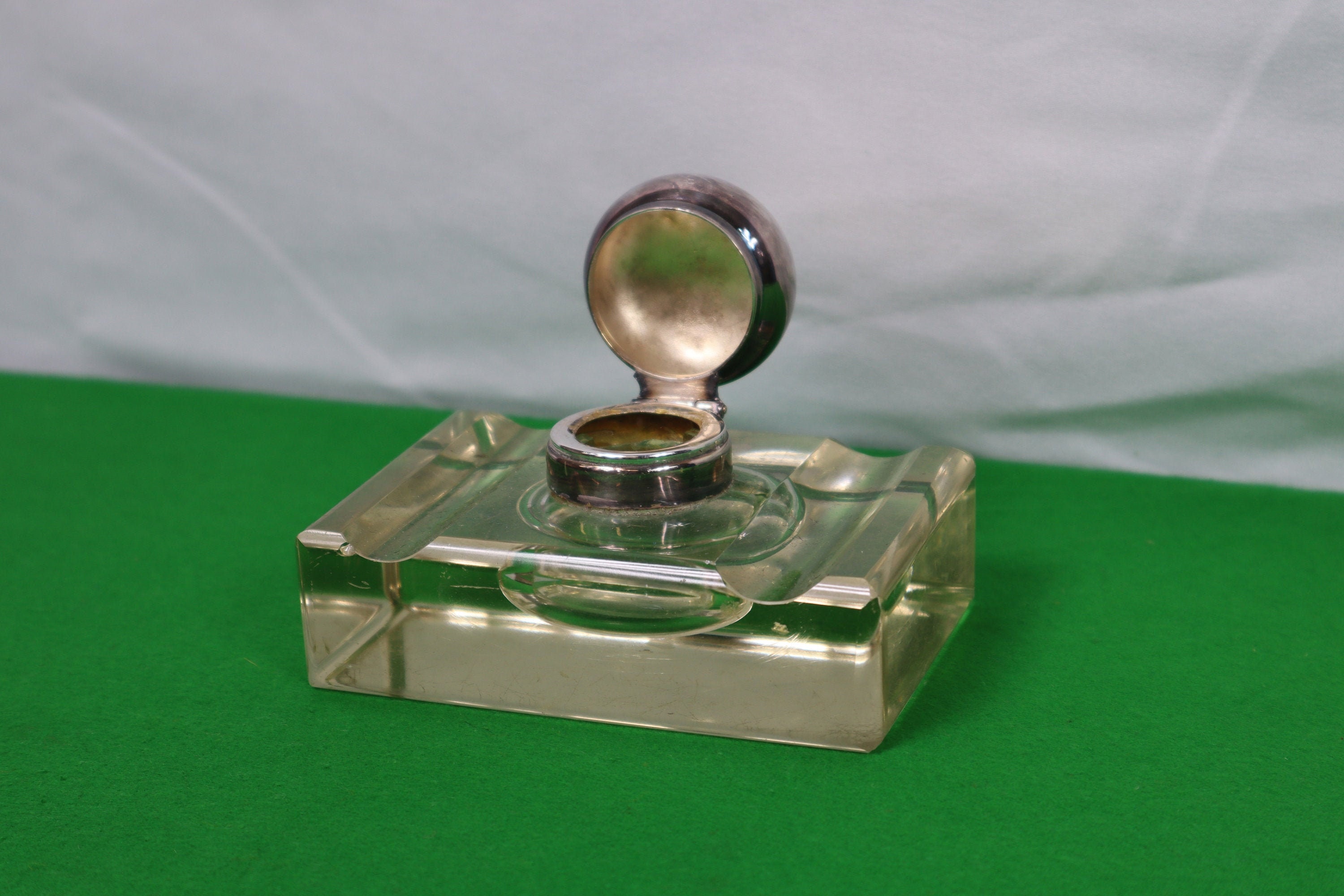 Large Glass Inkwell with Pen Holders and Silver Plate Lid Etsy