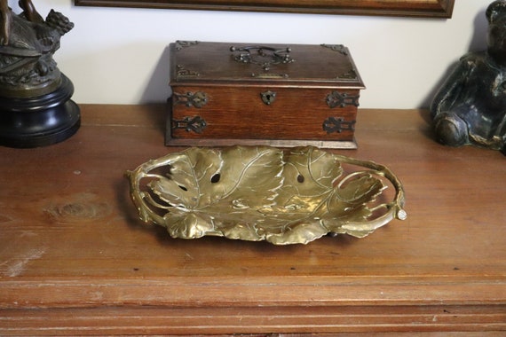 Large Brass Grape Dish with Grapevine Design - English Solid Brass Grape Serving Dish