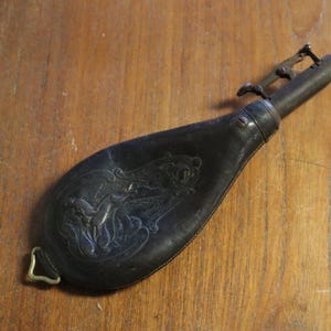 c1900 Tooled Leather Powder / Shot Flask by G&JW Hawksley of Sheffield with Hunting Scene - Made in England