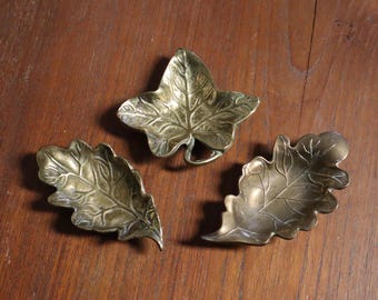 c1920 Set of x3 Brass Leaf Pin Dishes - Oak Leaves and Maple Leaf