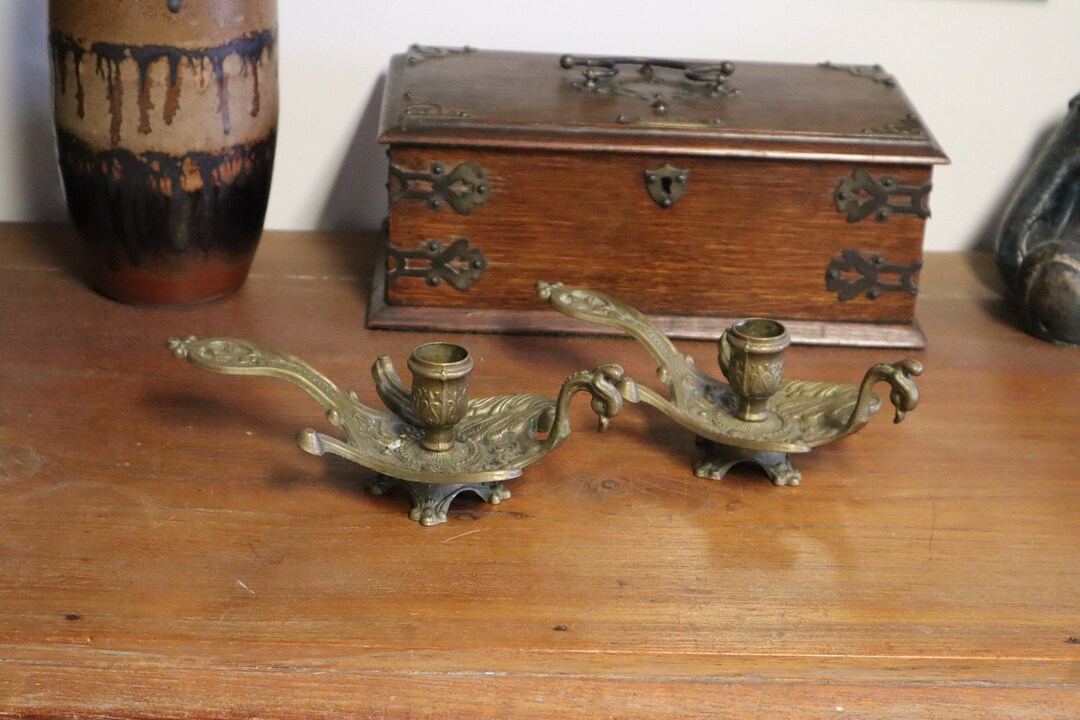 C1960's Indian Brass Peacock Candlestick Holders Pair of Brass Candle
