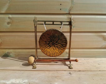 1930's English Art Deco Brass Dinner Gong with Wooden Striker - Antique Brass Gong