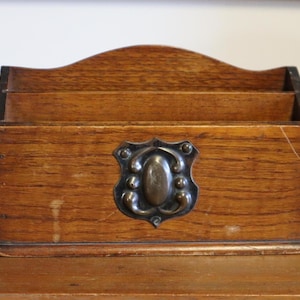 c1910 English Wooden Letter Rack with Two Compartments and Copper Plaque - Antique Letter Rack