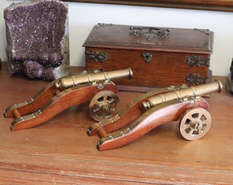 Pair of Large Hand Made Brass and Oak Cannon Desk Ornaments - c1960's Made in England