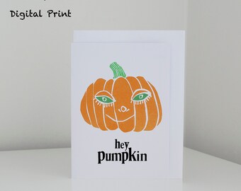 Hey Pumpkin Greeting Card, Cute, Linocut, Digital print, Cute, For her, Vegetables, Vegan, Autumn, Pumpkins, Art print,
