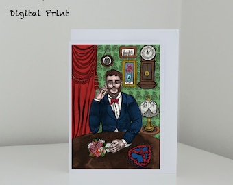 Charming Victorian Man, Greetings card, Romantic, illustrated, handmade, cute, green wallpaper, Victorian, Antique, Stylish, Joyful