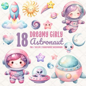 Aquarel ruimtemeisje PNG-clipart, schattige astronaut png voor meisjes pastel paars roze kosmische ruimte Galaxy Meteor Rocket PNG, digitale sticker