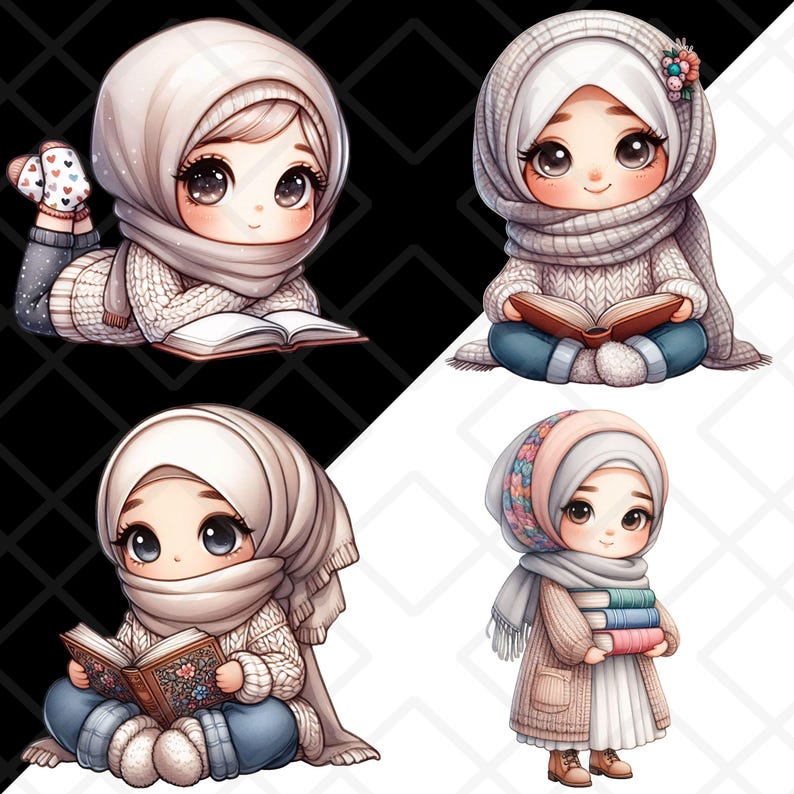 Modesty Sticker Islam Cute Hijabi Chibi Girl Clipart Bookworm Muslim Islam Muslimah PNG ...