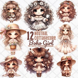 12 かわいいコテージコア ガールズ クリップアート、気まぐれなニュートラル ボヘミアン ガール PNG、かわいい水彩デジタル ステッカー、美しい花祭りクリップアート