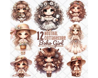 12 Kawaii Cottagecore Girls Clipart, Whimsical Neutral Boho Girl PNG, Cute Watercolor Digital Sticker, Aesthetic Floral Festival Clipart