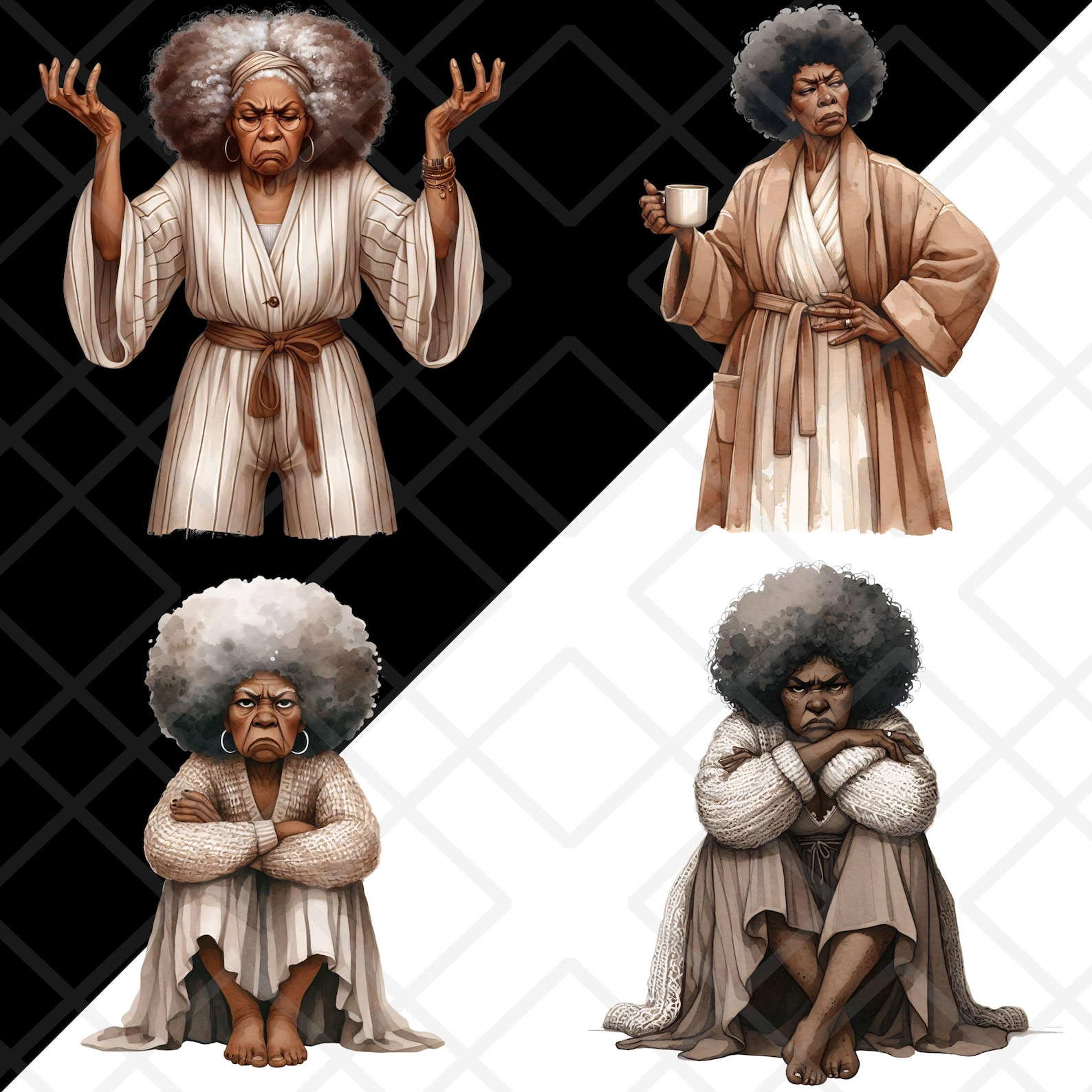 Funny Grumpy Black Old Ladies Clipart PNG, Cute Sassy Afro-american ...