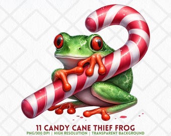Candy Cane Thief Frog Clipart kerstkikker PNG schattig vakantie pad digitale download Candy Cane PNG sublimatie digitale sticker ongewenste tijdschriften