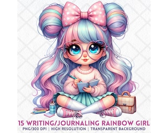 Aquarel regenboog schrijven meisje png, schattige regenboog chibi dagboek notebook digitale sticker, pastelstudie, kawaii notitieboekje png, papercraft