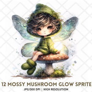 Sprite lueur champignon moussu JPG, clipart fée de la forêt aquarelle, lutin numérique sur champignon vénéneux, créations d'autocollants numériques fantaisie, scrapbooking
