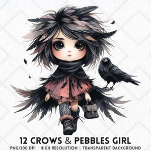 Puede incluir: Una ilustración digital de una niña con cabello oscuro y ojos grandes que lleva una capa negra con plumas y lleva una pequeña bolsa negra. Un cuervo negro está posado en una rama detrás de ella.