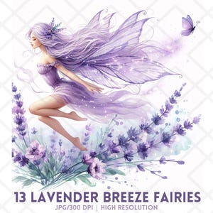 Lavande Breeze Fairies JPG, Clipart féerique aquarelle fantaisiste avec fleurs violettes, ailes de papillon, Clipart Sublimation Fae fantastique d'été