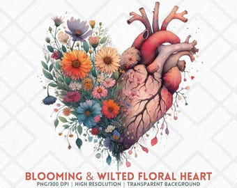13 bloemen anatomisch hart PNG bloeiende verwelkte bloem hart botanische anatomie clipart sublimatie grafische digitale sticker ongewenste tijdschriften
