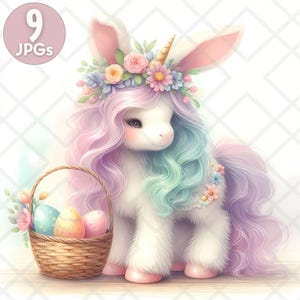Clipart de unicórnio com orelhas de coelho em aquarela JPG, Clipart de feliz Páscoa, Clipart de ovos de Páscoa, Cesta de Páscoa, Adesivo digital, Download digital