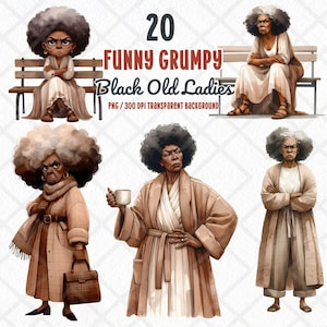 Clipart PNG divertenti di vecchie signore nere scontrose, adesivo digitale di nonna afroamericana carina e impertinente, clip art di atteggiamento eccentrico per scrapbooking