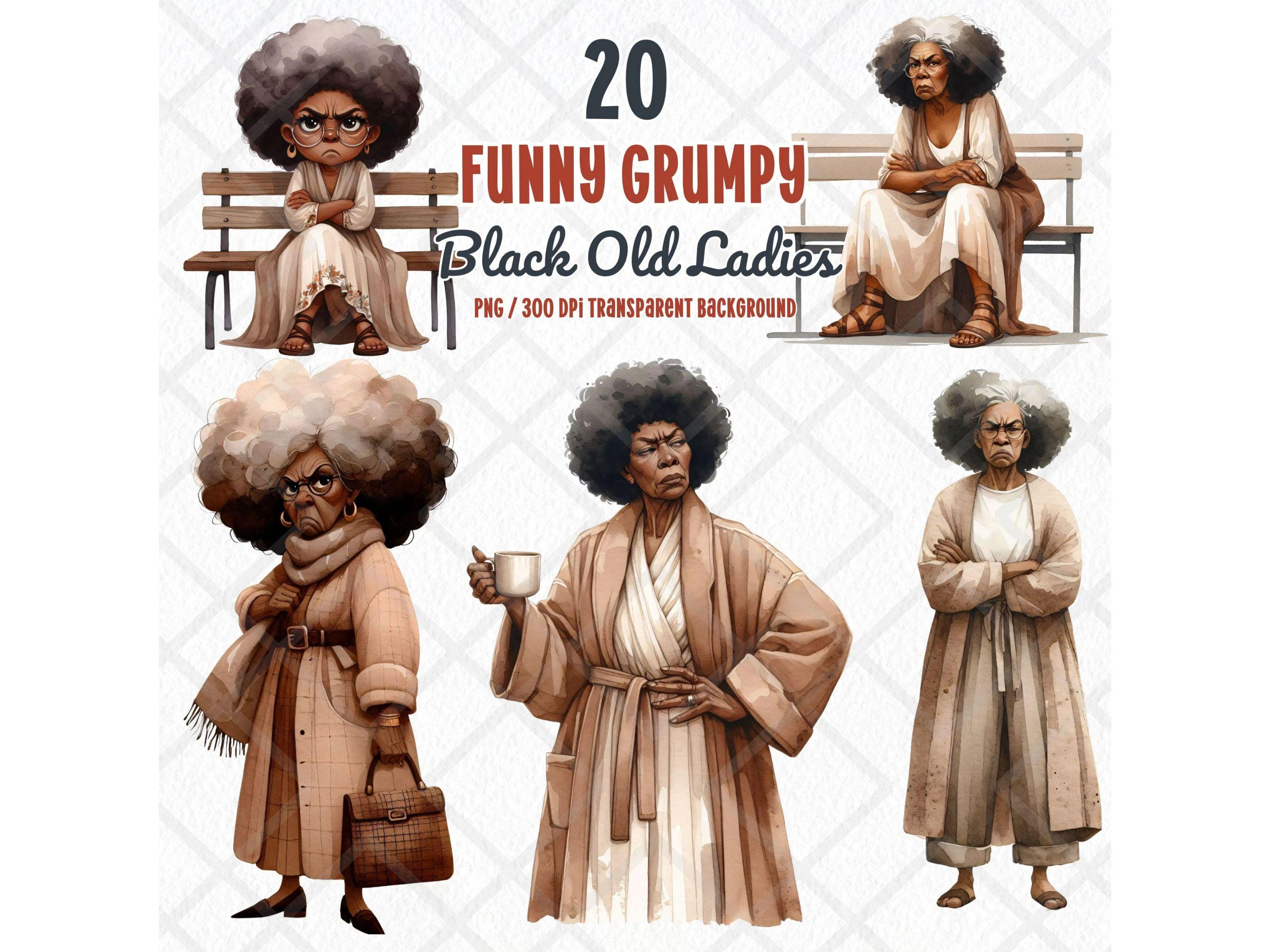 Funny Grumpy Black Old Ladies Clipart PNG, Cute Sassy Afro-american ...