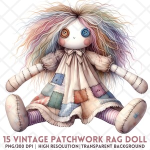 Boneca de retalhos vintage clipart, brinquedo de pelúcia chique e surrado fofo, boneca estranha e caprichosa PNG, boneca de tecido pastel suave e assustador, adesivos digitais