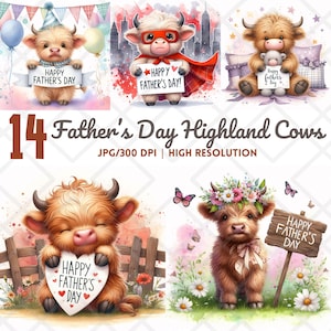 Clipart de vaca das Terras Altas para o Dia dos Pais, filhote de vaca fofo em JPG, presente para pai, sublimação de bezerro em aquarela, pai de animal de fazenda em JPG, criação de cartões infantis