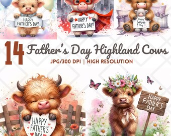 Father’s Day Highland Cow Clipart, Cute Baby Cow JPG, Gift for Dad, Watercolor Calf Sublimation, Farm Animal Dad Jpg, Kids Card Making