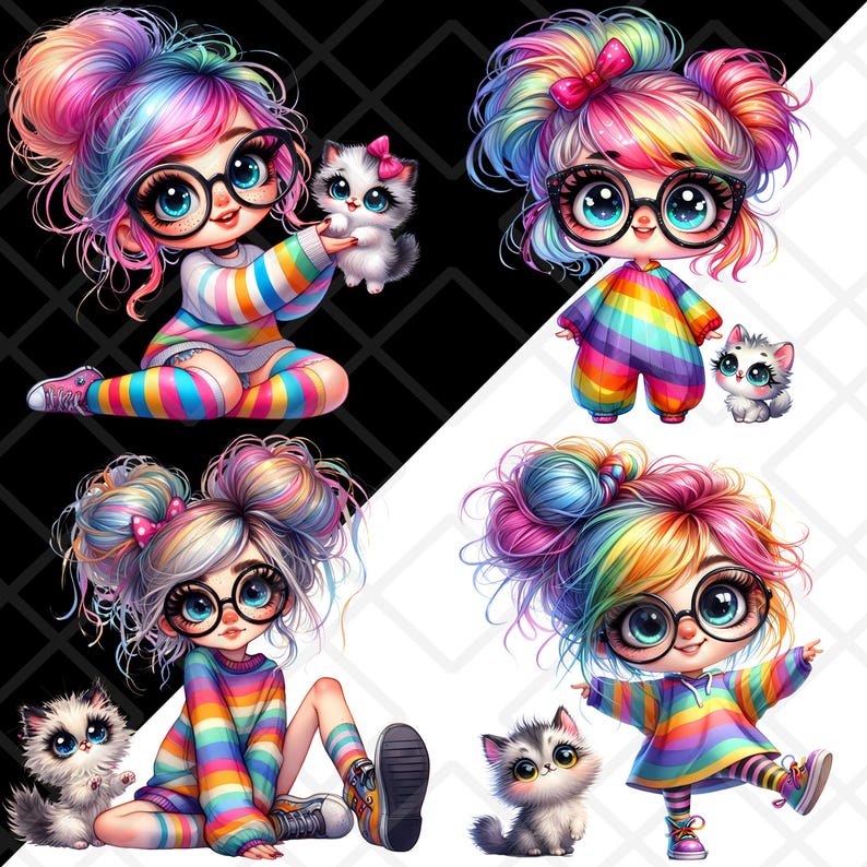 Cat Rainbow Chibi Girl Clipart PNG, Cute Watercolor Kawaii Nerdy Girl ...