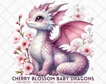 13 Cherry Blossom Baby Dragon Clipart PNG Pastel Pink Fantasy Dragon Flowers Art Stickers Journaling Sublimation Digital Sticker