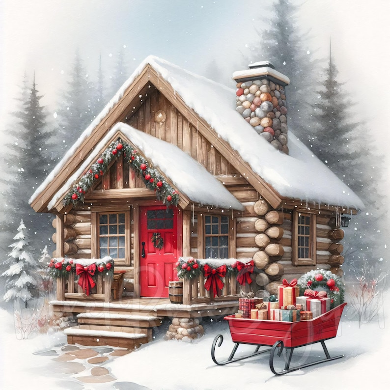 May include: Watercolor illustration of a snow-covered log cabin with a red door and Christmas decorations. A red sled filled with wrapped gifts sits in the snow. The cabin has a stone chimney and is surrounded by snow-covered trees.