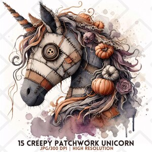 May include: Watercolor illustration of a patchwork unicorn with a stitched design. The unicorn features a button eye, a spiral horn, and is adorned with pumpkins and roses. The image includes the text "15 Creepy Patchwork Unicorn".