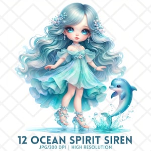 Magische Ozean Prinzessin Clipart, süßes Kawaii Mädchen mit Delfin, Fantasy Meeresfee, wunderliches Aquarell, Ozean Geist Sirene, digitaler Download