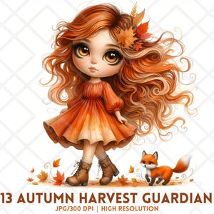Clipart fille fée automne, princesse automne mignonne avec renard, rousse lunatique, automne confortable, téléchargement numérique JPG Autumn Harvest Guardian