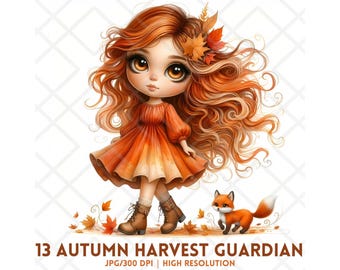 Autumn Fairy Girl Clipart, Cute Fall Princess with Fox, Whimsical Redhead, Cozy Autumn, JPG Autumn Harvest Guardian Digital Download