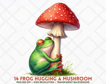Cute Frog Hugging Mushroom PNG Cottagecore Forest Frog Clipart Whimsical Fall Toadstool Sublimation Crafts Digital Sticker Junk Journals