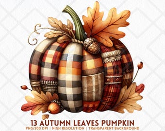 Puede incluir: Ilustración en acuarela de una calabaza de retazos con un tallo verde, adornada con hojas de otoño y una bellota. La calabaza presenta un patrón de cuadros en tonos naranja, rojo y marrón. El texto en la parte inferior dice "13 Autumn Leaves Pumpkin".