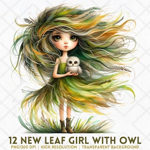 New Leaf Girl with Owl Whimsical Windswept Hair Girl PNG, Watercolor Fairytale Cartoon Girl Clipart, Digital Download for Junk Journal Craft